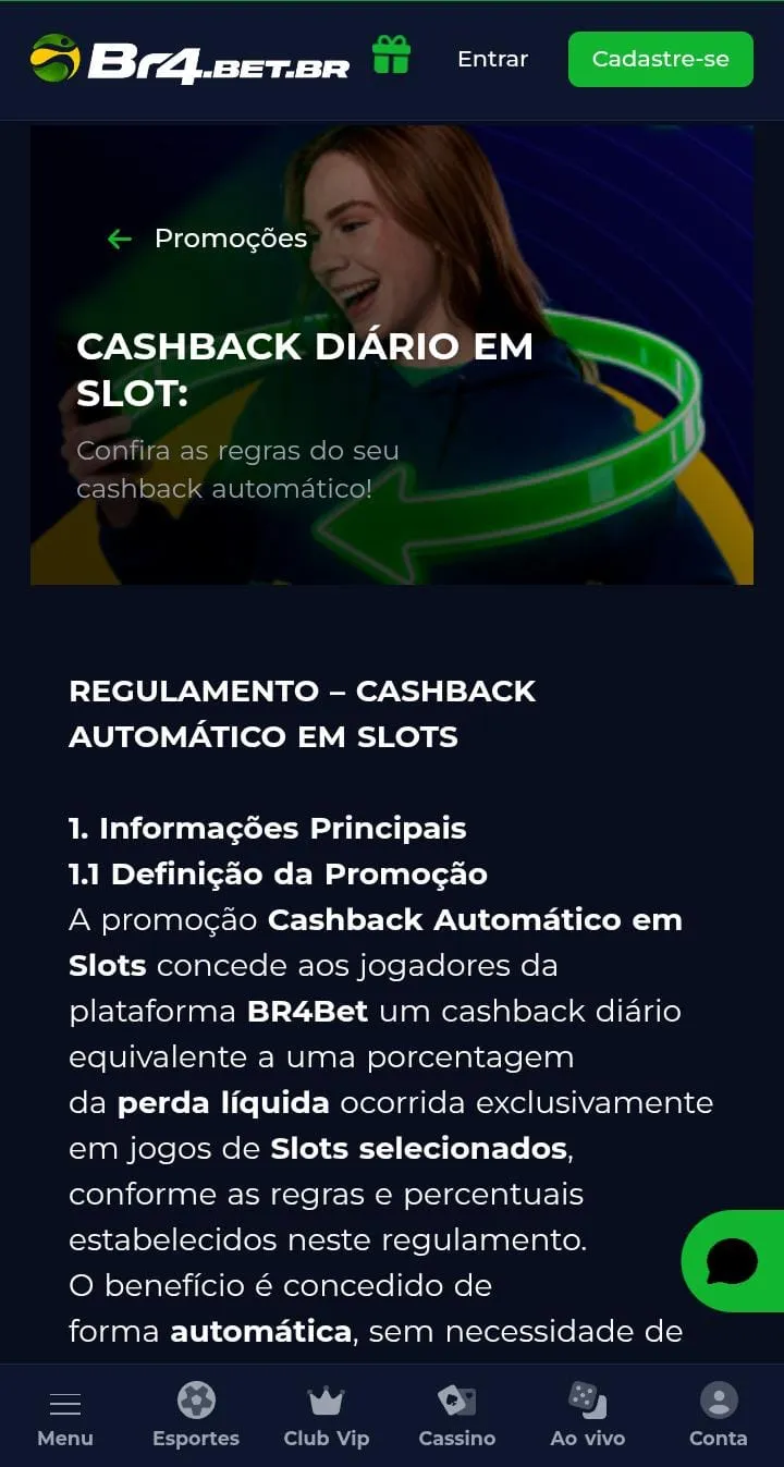 Cashback di&aacute;rio em slots da Br4Bet, com uma mulher sorrindo no banner e texto explicativo da oferta

