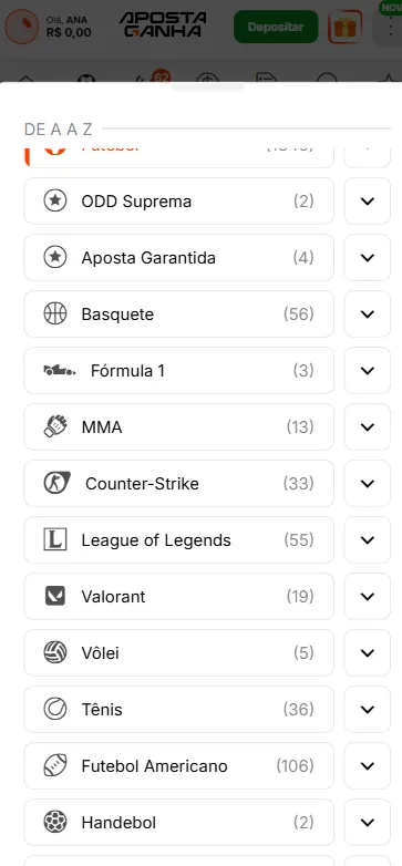 Categorias de esportes da Aposta Ganha com destaque para Aposta Garantida e ODD Suprema.