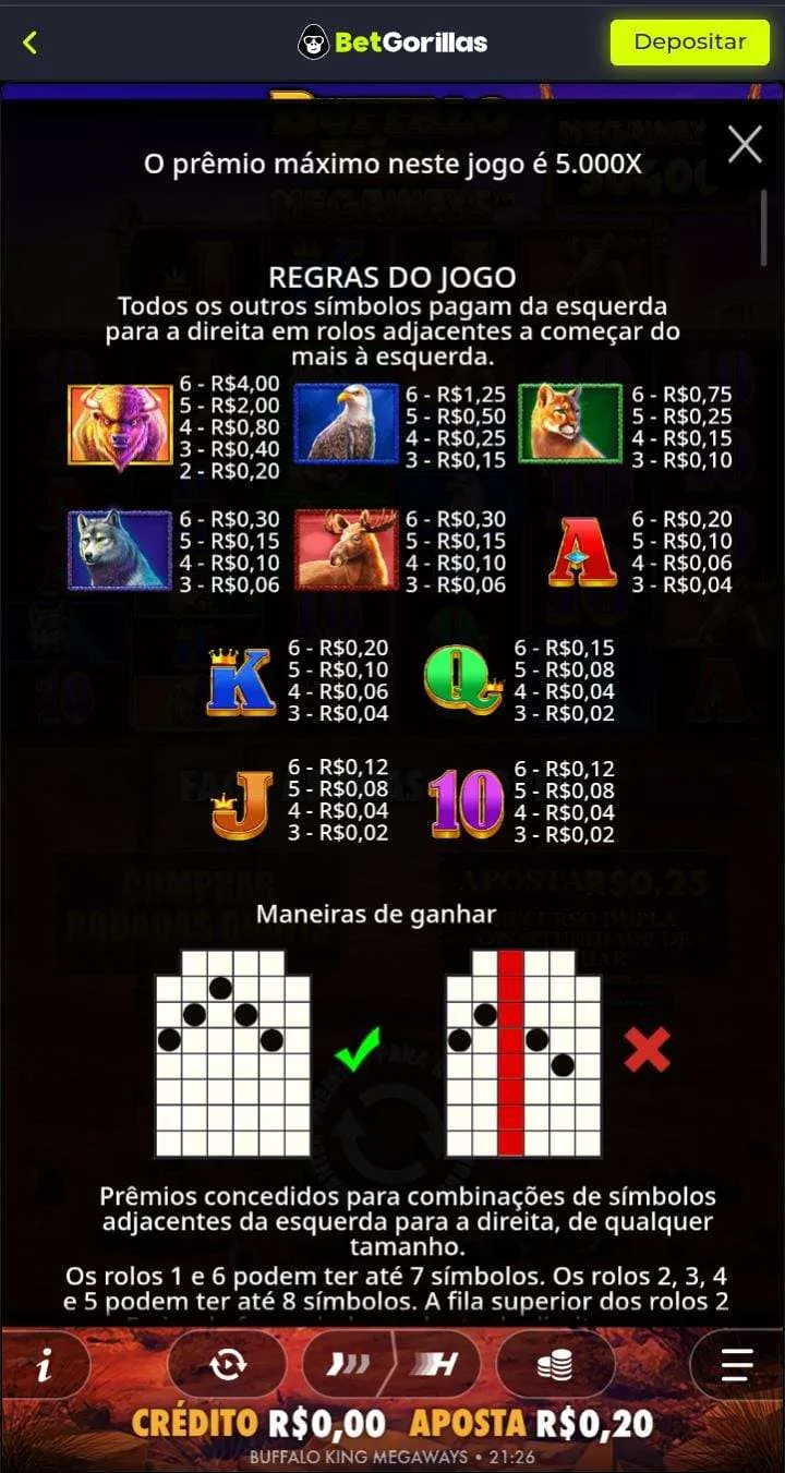Regras do jogo Buffalo King Megaways, com s&iacute;mbolos pagantes por figuras iguais e maneiras de ganhar
