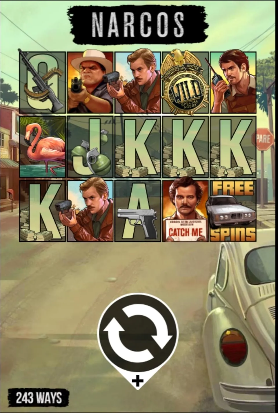 Figuras de pessoas, armas e carros na grade do jogo Narcos Video Slot