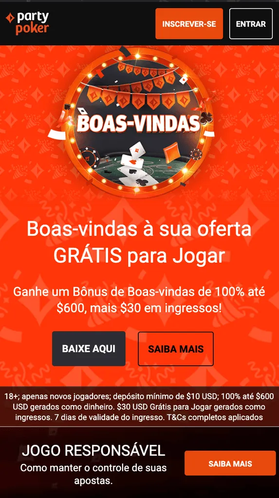 Seção da oferta de boas-vindas da Partypoker com 100% até 600 dólares, com botão de download do app