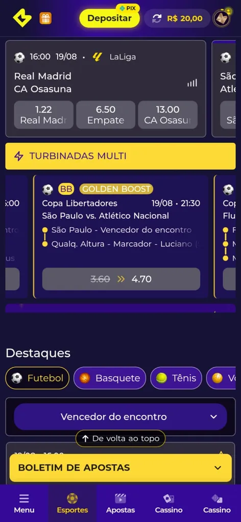 Odds para resultado final em Real Madrid x Osasuña e oferta Multi Turbinadas da Multibet para aposta na Libertadores