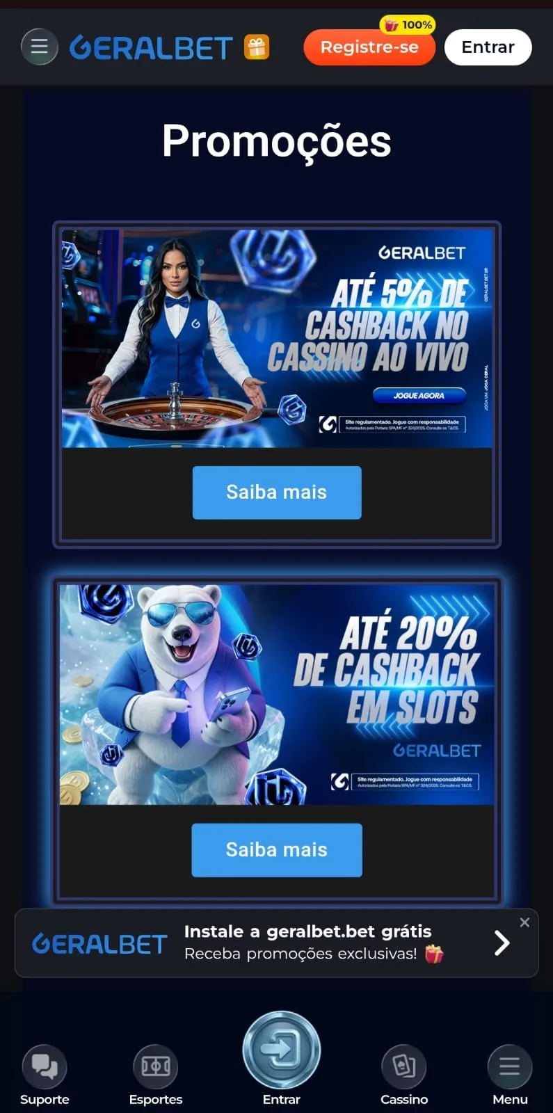 Print da página de ofertas da Geralbet