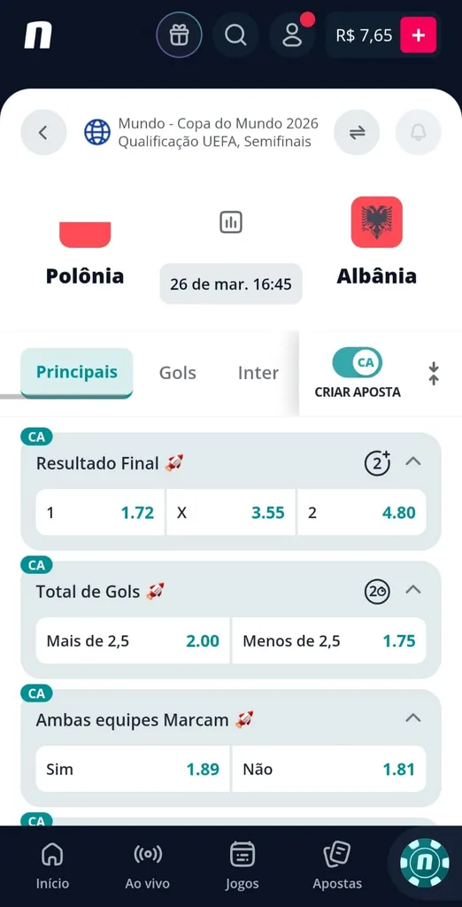 APostas na Copa do Mundo na Novibet com funcionalidade Criar Aposta ativada.