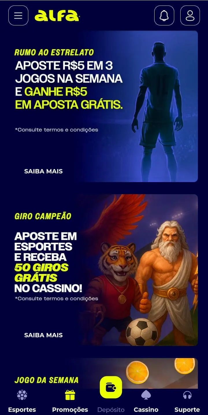 Banners das ofertas Rumo ao Estrelato e Giro Campeão da Alfabet, com botão de Saiba Mais em cada banner