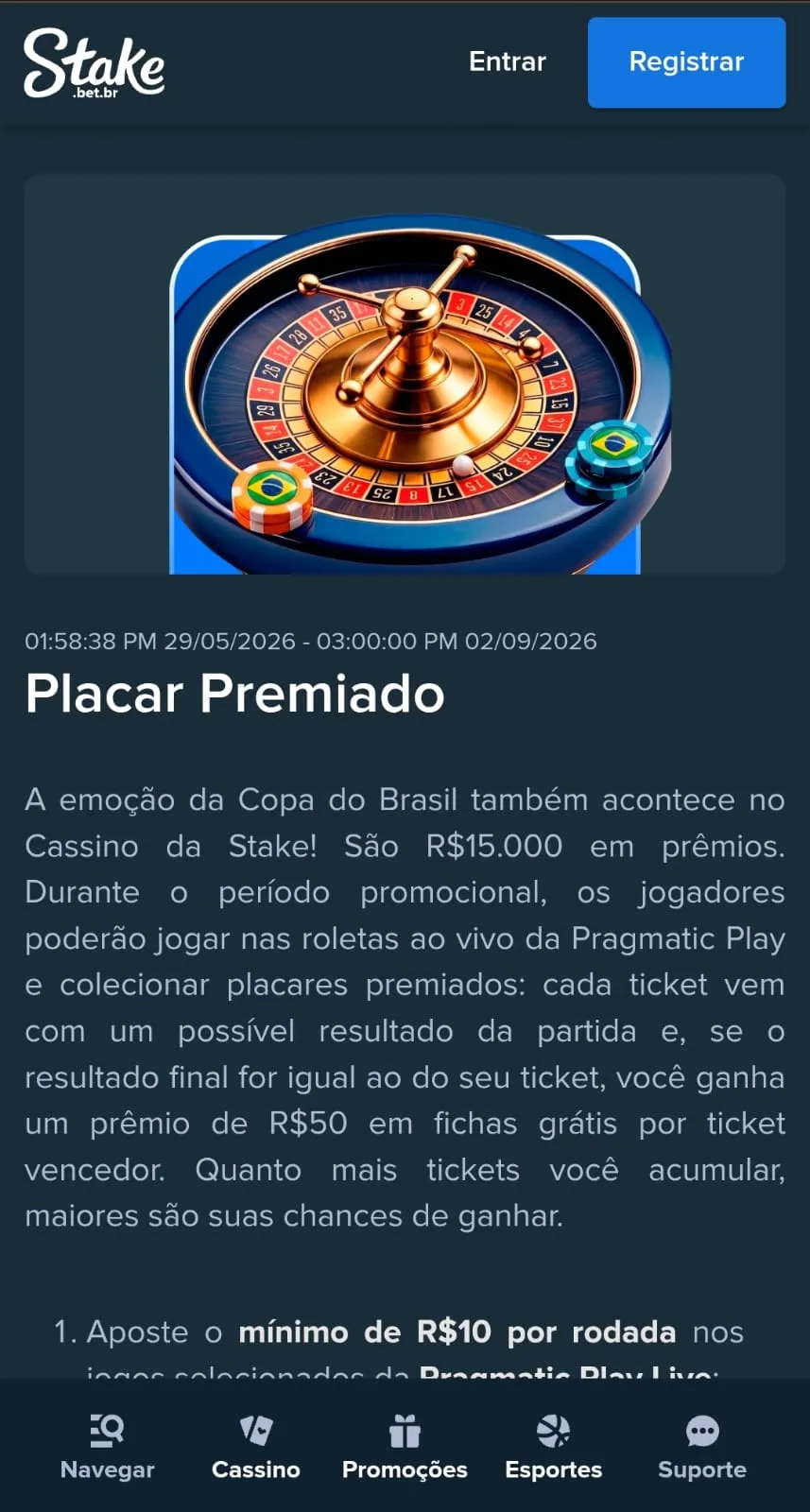 Print da oferta de Placar Premiado com as condições de apostas em jogos da Pragmatic Play e tickets.