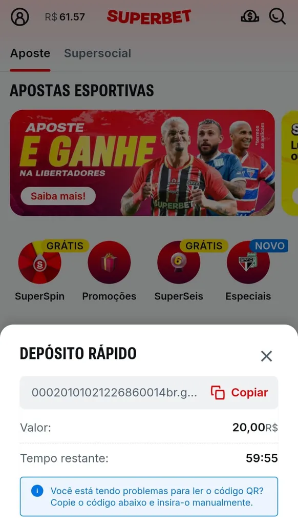 Código Pix para copiar e confirmação de valor de depósito de R$20 na Superbet