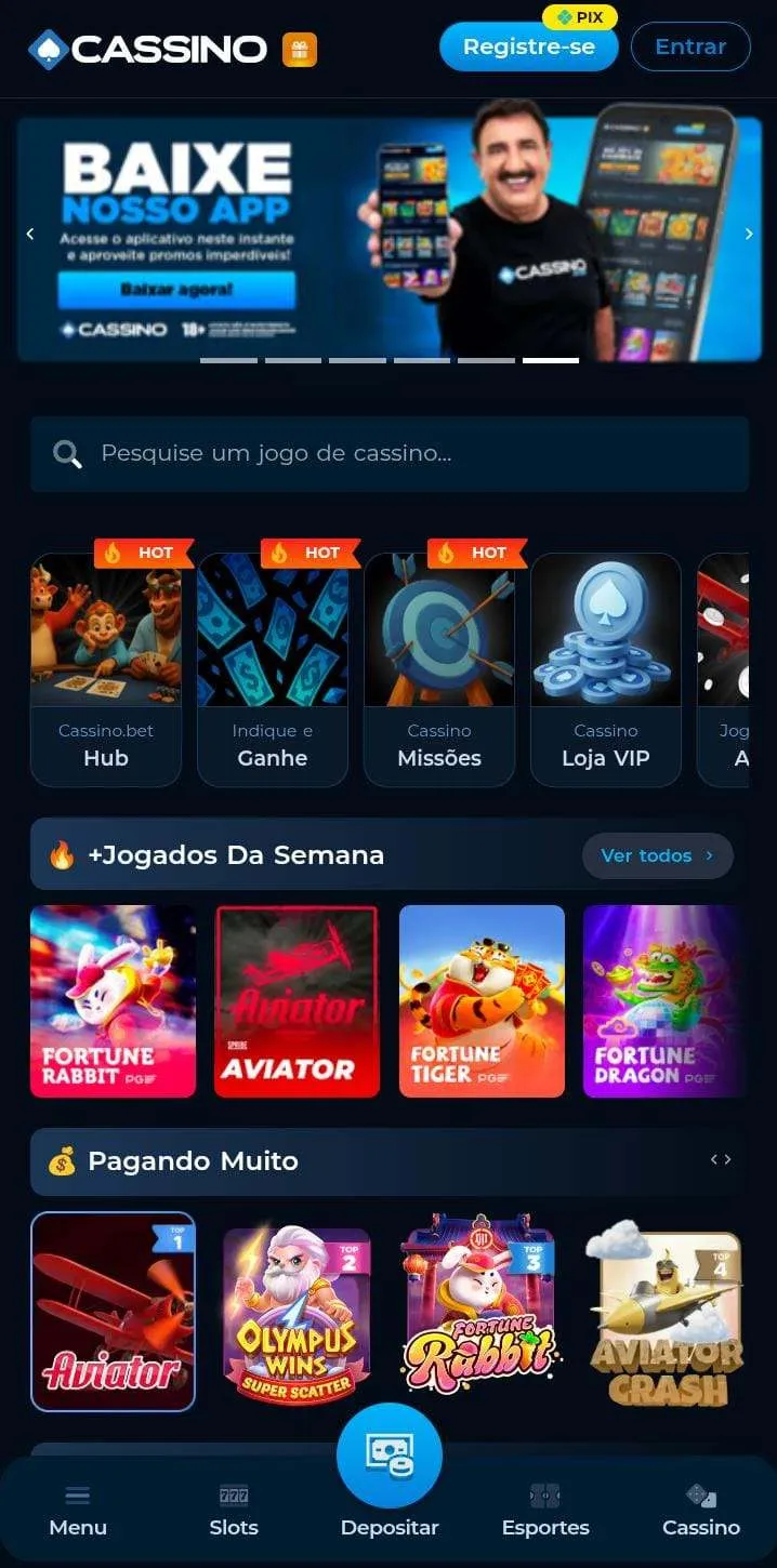Jogos da Cassino Bet e banner de baixar o app com o apresentador Ratinho