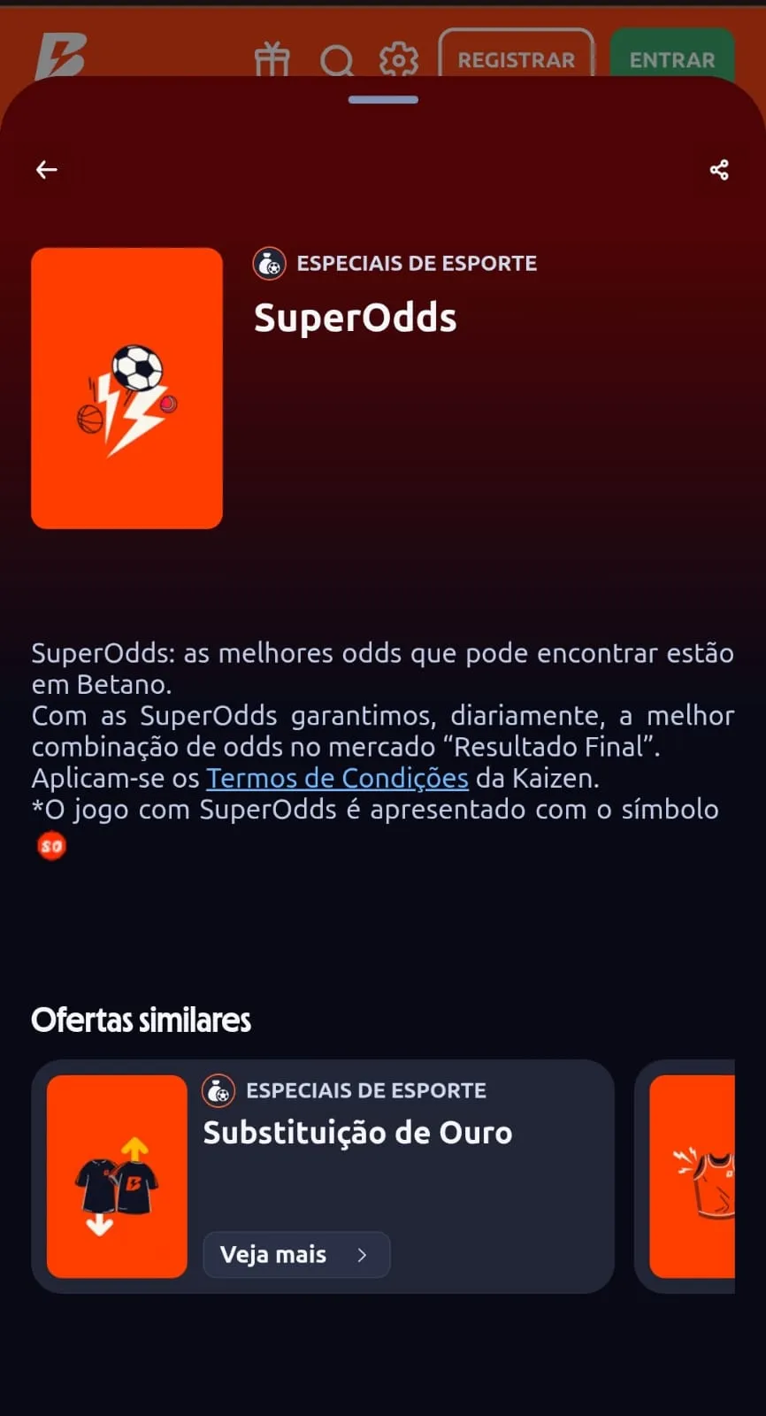 Print da página promocional de SuperOdds na Betano