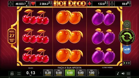 Figuras de cerejas, laranjas e uva no slot Hot Deco, com diferentes jackpots e valor máximo de R$ 46 mil