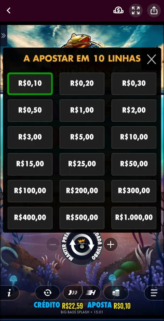 Aposta definida em R$0,10 no slot Big Blass Splash
