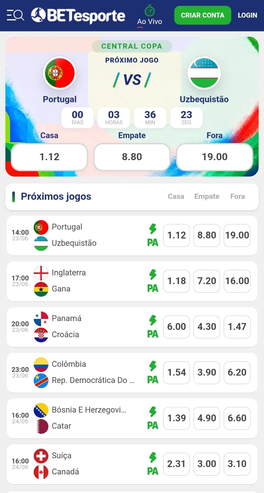 Página Central Copa na Betesporte exibindo partidas da fase de grupos com a oferta de odds turbinadas