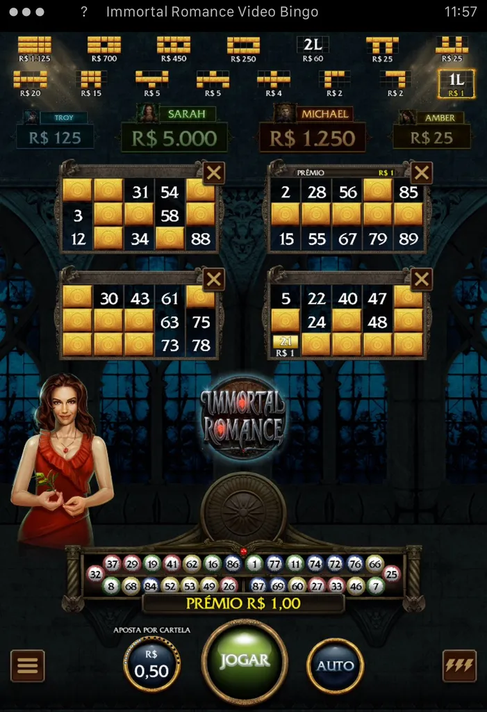 Jogo de bingo online com 4 cartelas, aposta de R$ 0,50 e uma linha preenchida com prêmio de R$ 1.