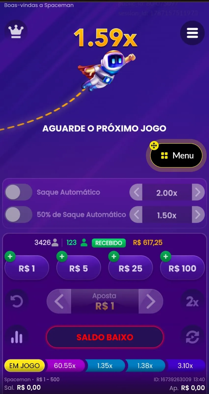 Rodada ativa do Spaceman com multiplicador a 1.59x.
