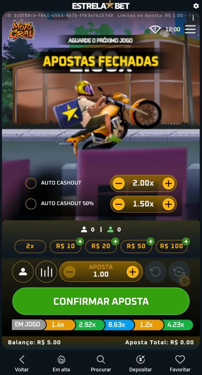 Rodada do jogo Moto Grau da Estrela Bet, com um entregador empinando a moto
