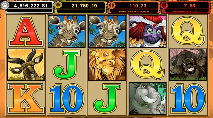 Diferentes figuras na grade 5x3 de Mega Moolah com jackpot máximo de R$ 4,5 milhões