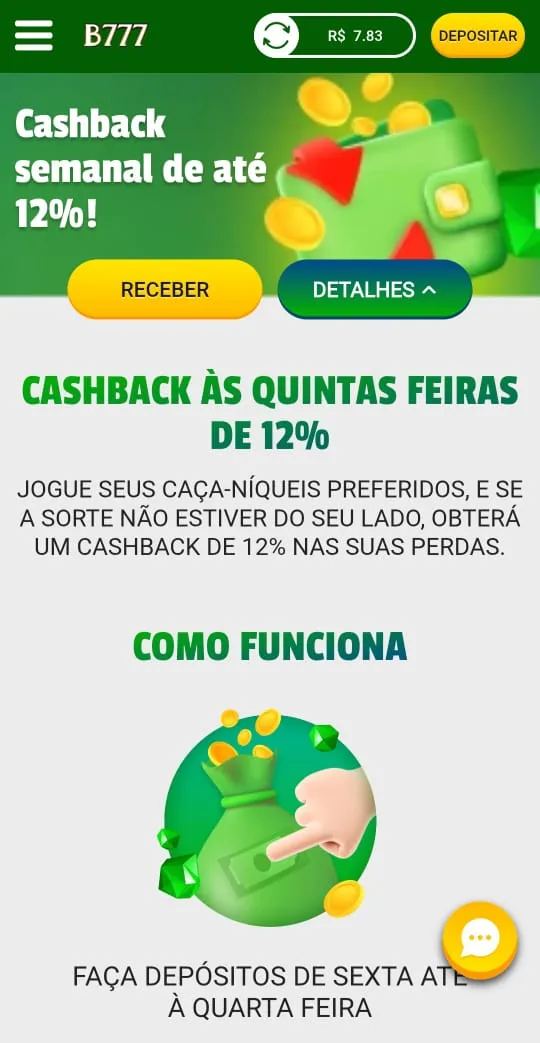 Oferta de cashback da Brazino777 com até 12% de reembolso das perdas semanais e pago às quintas-feiras.