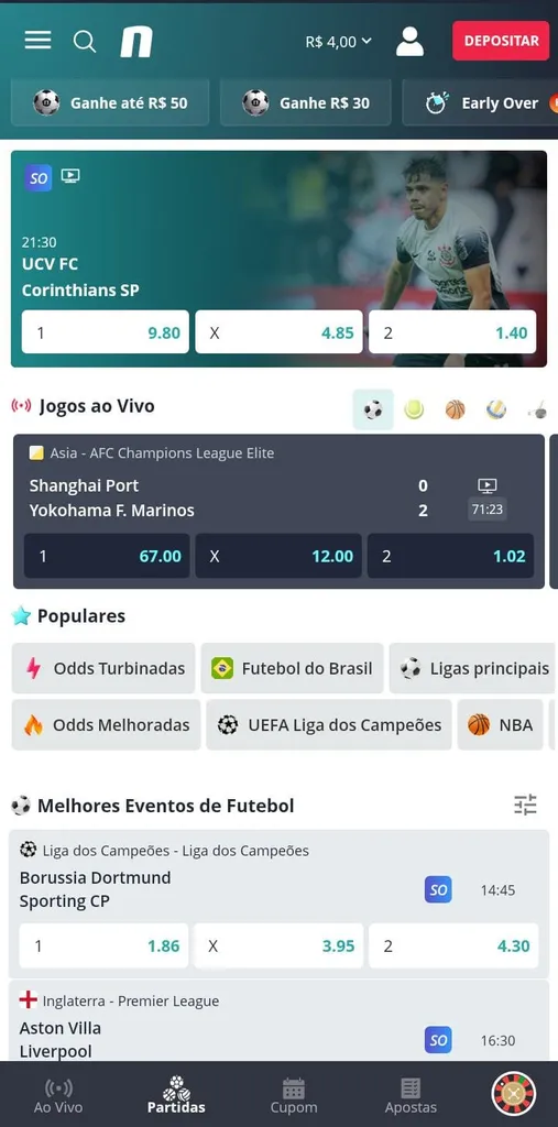 Seção de esportes da Novibet com mercados para apostar ao vivo e pré-jogo e destaque para super odds em jogo da Libertadores
