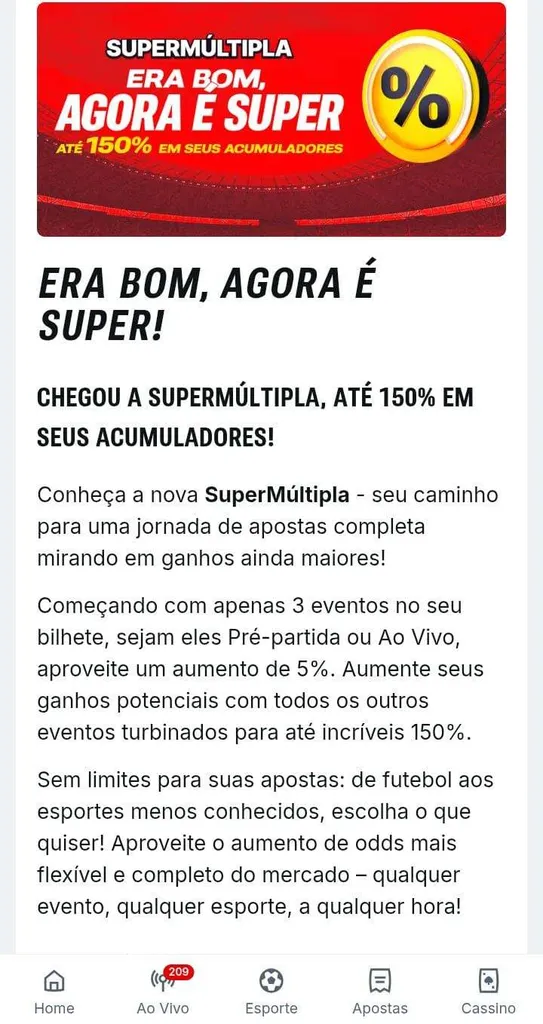 Supermúltipla na Superbet, com banner evidenciando o bônus de 150% e texto explicativo sobre a oferta
