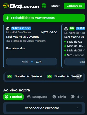 Superodds da BR4Bet em jogo Real Madrid x Juventus com odds de 4.20 por 4.75 para vencedor do jogo e ambas marcam.