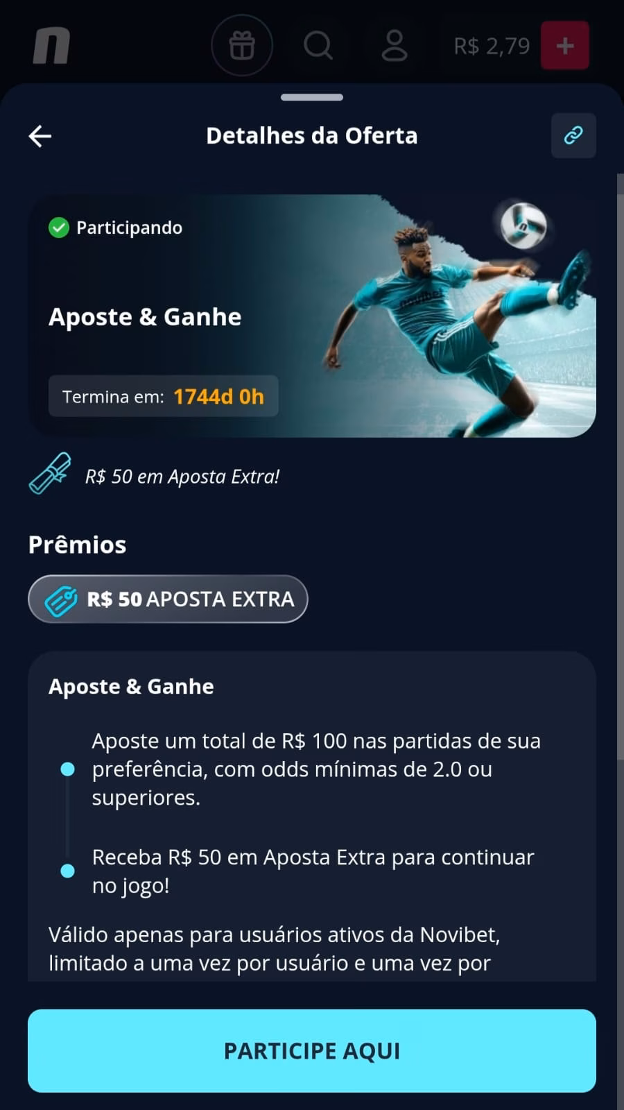 Oferta Aposte e Ganhe na Novibet com free bet de R$ 50 ao acumular R$ 100 em apostas esportivas e botão para participar.