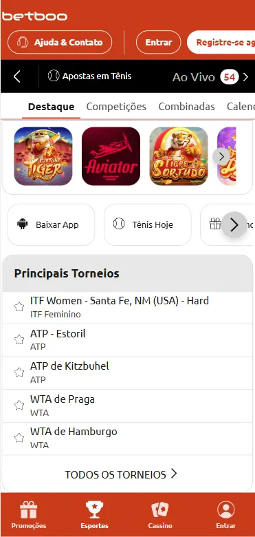 Captura de tela da plataforma bet Betboo com competições de tênis