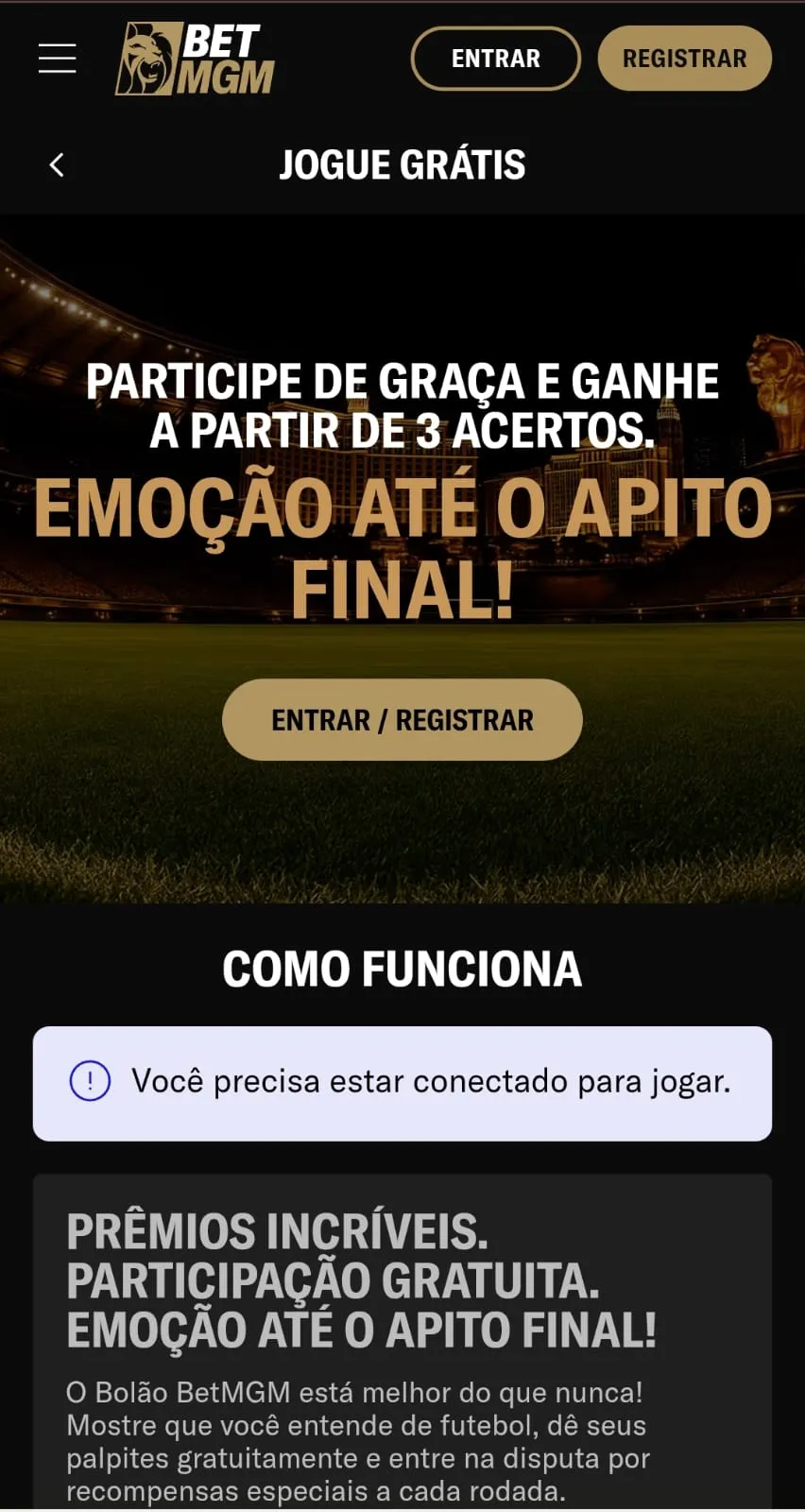 Oferta do bolão BetMGM que cobre jogos da Libertadores e oferece prêmios a partir de 3 acertos.