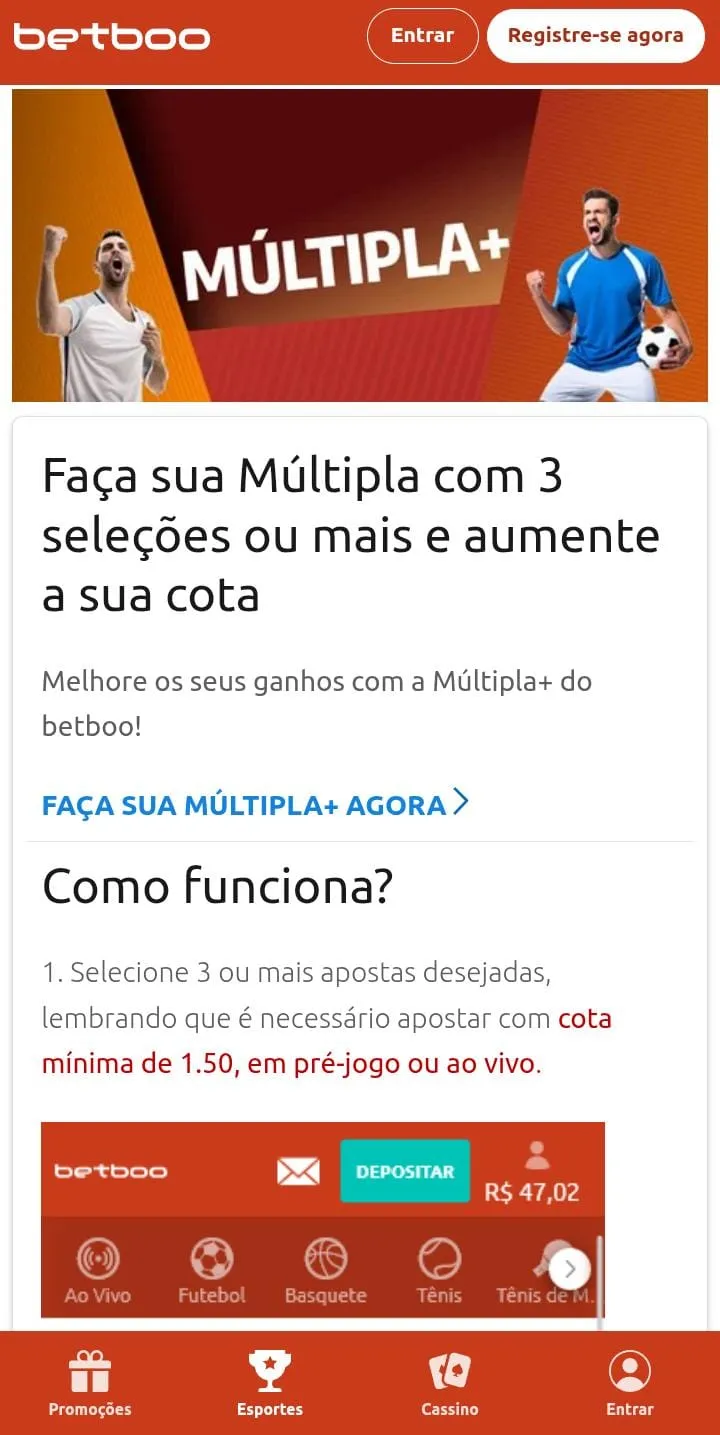 Oferta de Múltipla+ da Betboo, com dois jogadores vibrando no Banner e texto explicativo de como funciona a oferta