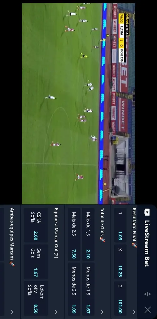 Jogo transmitido ao vivo pela Novibet com Assista e Aposte. Do lado esquerdo a imagem e no direito os mercados.