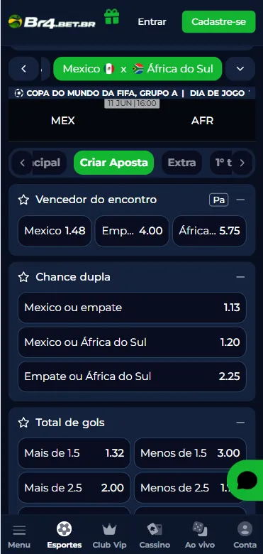 Apostas na Copa do Mundo na Br4Bet com funcionalidade Criar Aposta ativada.