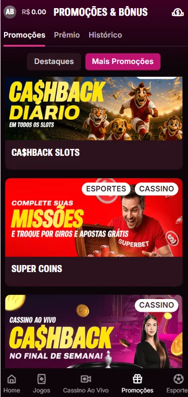 Promoções do Cassino Superbet com cashback diário em slots