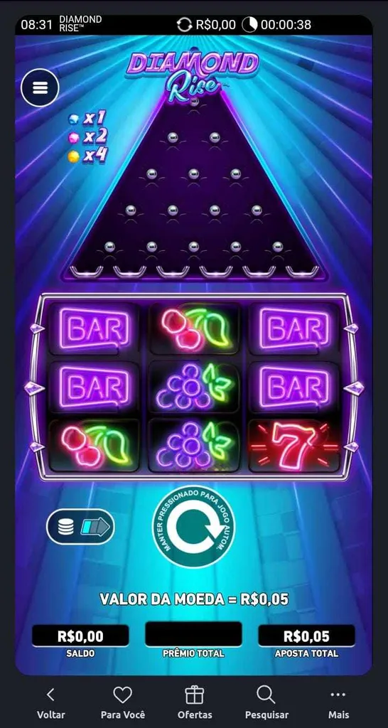 Jogo Diamond Rise com aposta de 5 centavos e grade 3x3 com símbolos BAR e frutas.