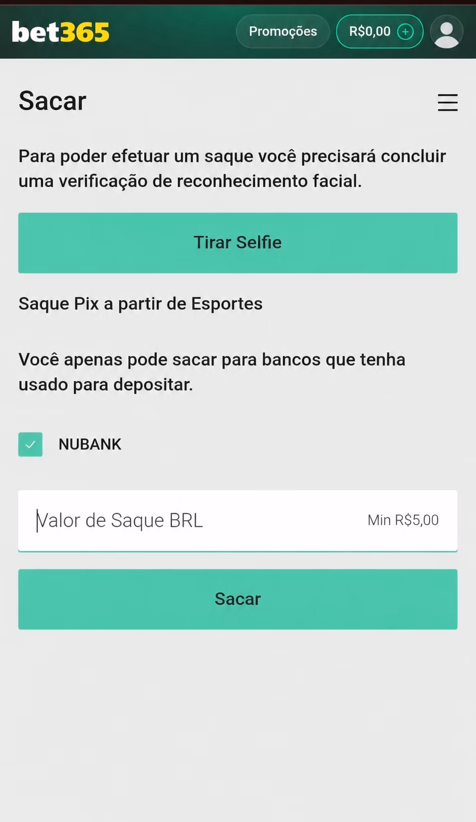 Painel de saque da bet365, com destaque para o botão de tirar Selfie e no saque mínimo de R$ 5.