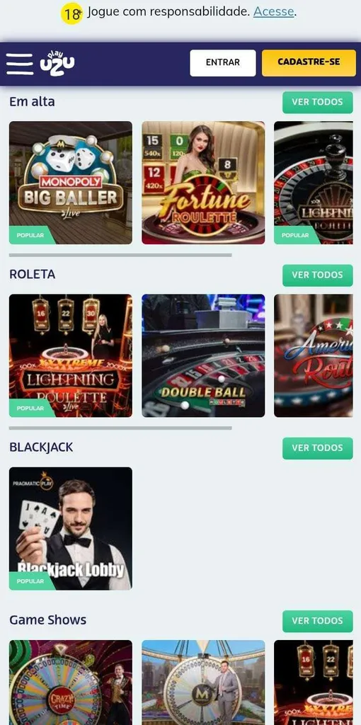 Cassino ao vivo da Playuzu com jogos em alta como Monopoly Big Baller, roletas, bkackjack e game shows.