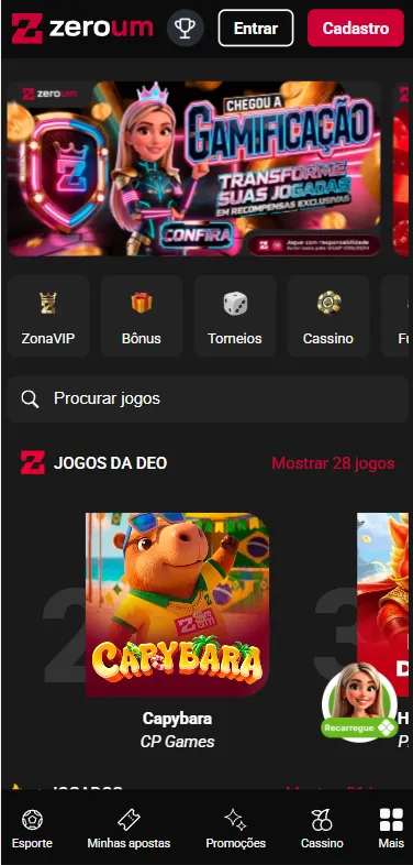 Cassino Zero Um com banner de destaque para ZonaVip, clube de gamificação
