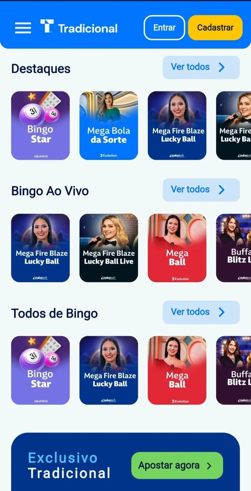 Seção de bingo da Tradicional Bet com mais de 20 opções pelo site ou app.
