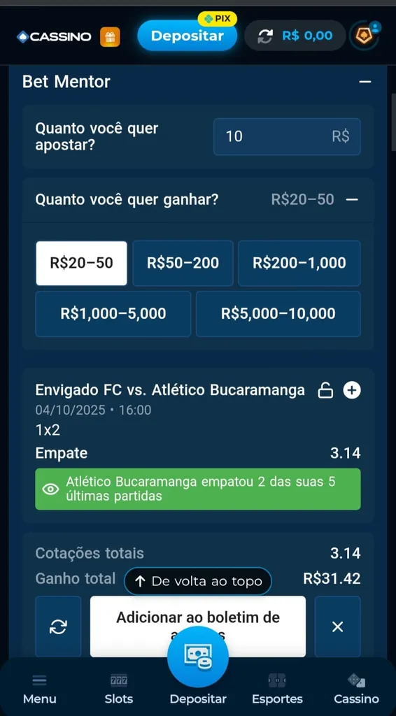 Ferramenta Bet Mentor da Cassino Bet com sugestão de aposta de R$10 e retornos potenciais entre R$20 e R$50