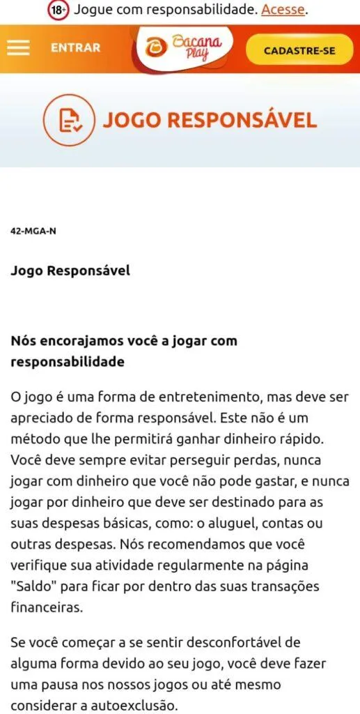 Política de Jogo Responsável na BacanaPlay