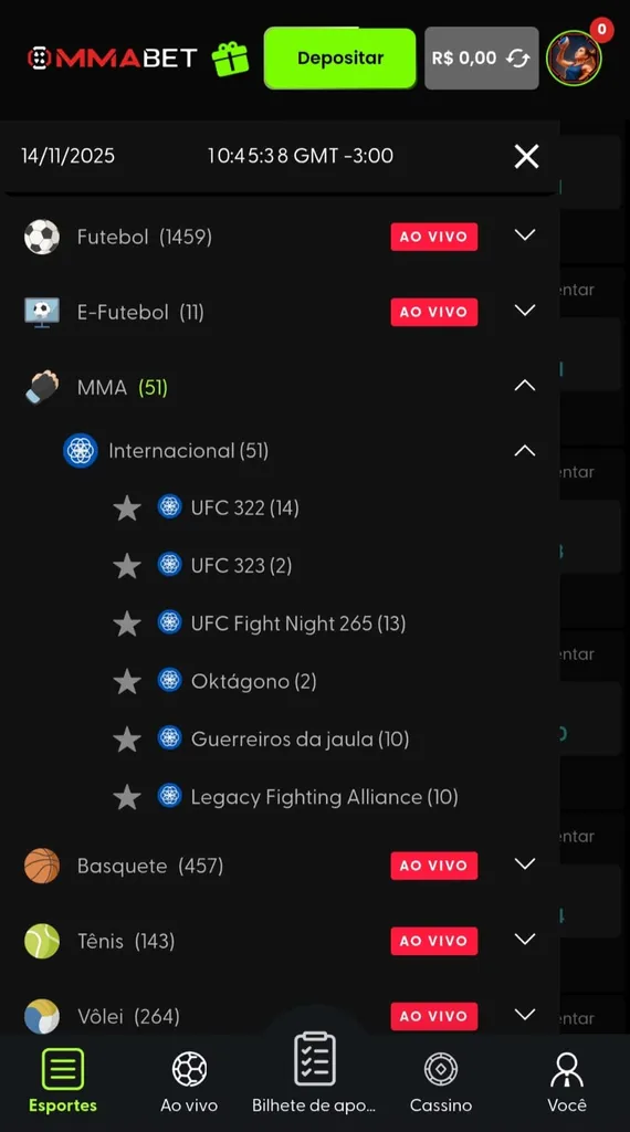 Lista de esportes da MMA Bet com futebol, e-futebol, competições de MMA, basquete, tênis e vôlei.
