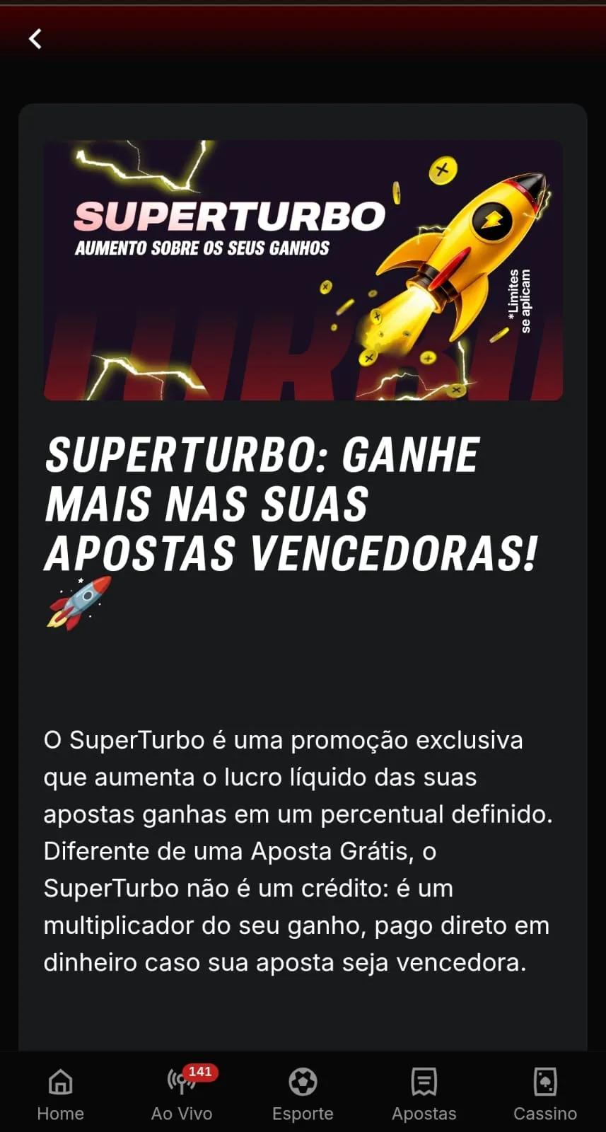 Oferta de SuperTurbo na Superbet, com bônus que podem chegar a 100% extras para as suas apostas vencedoras.
