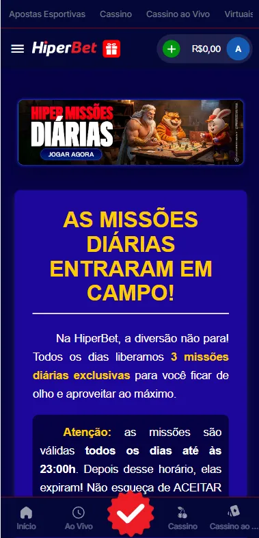 Promoção de missões diárias da HiperBet com recompensas exclusivas para usuários