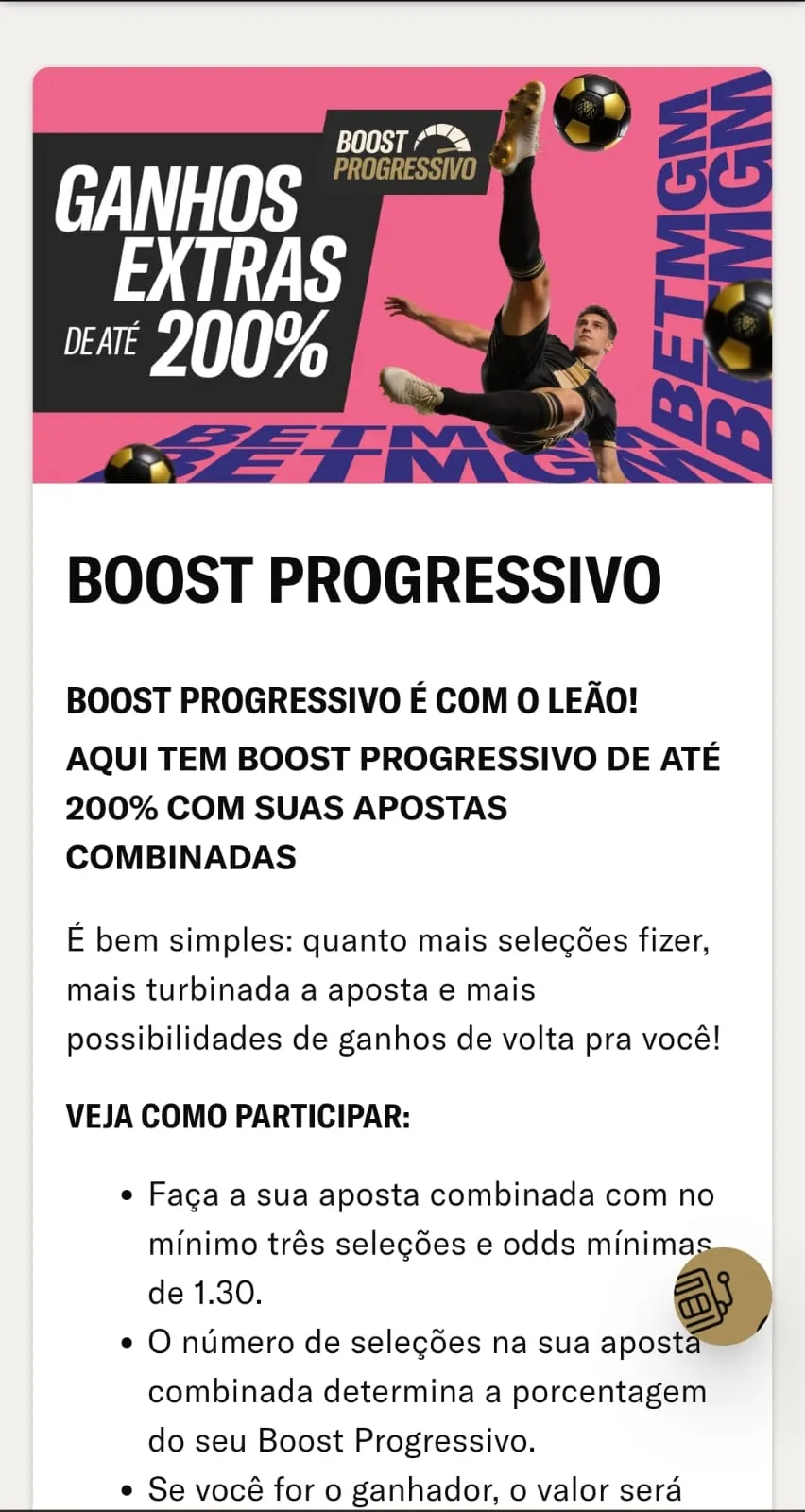 Oferta de boost progressivo da BetMGM com bônus de até 200% extras para palpites múltiplos.