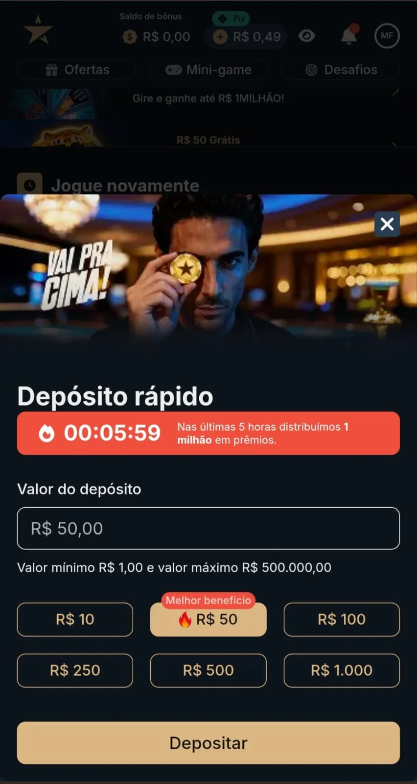 Print do painel de depósito rápido da Estrelabet com valor mínimo de R$ 1.