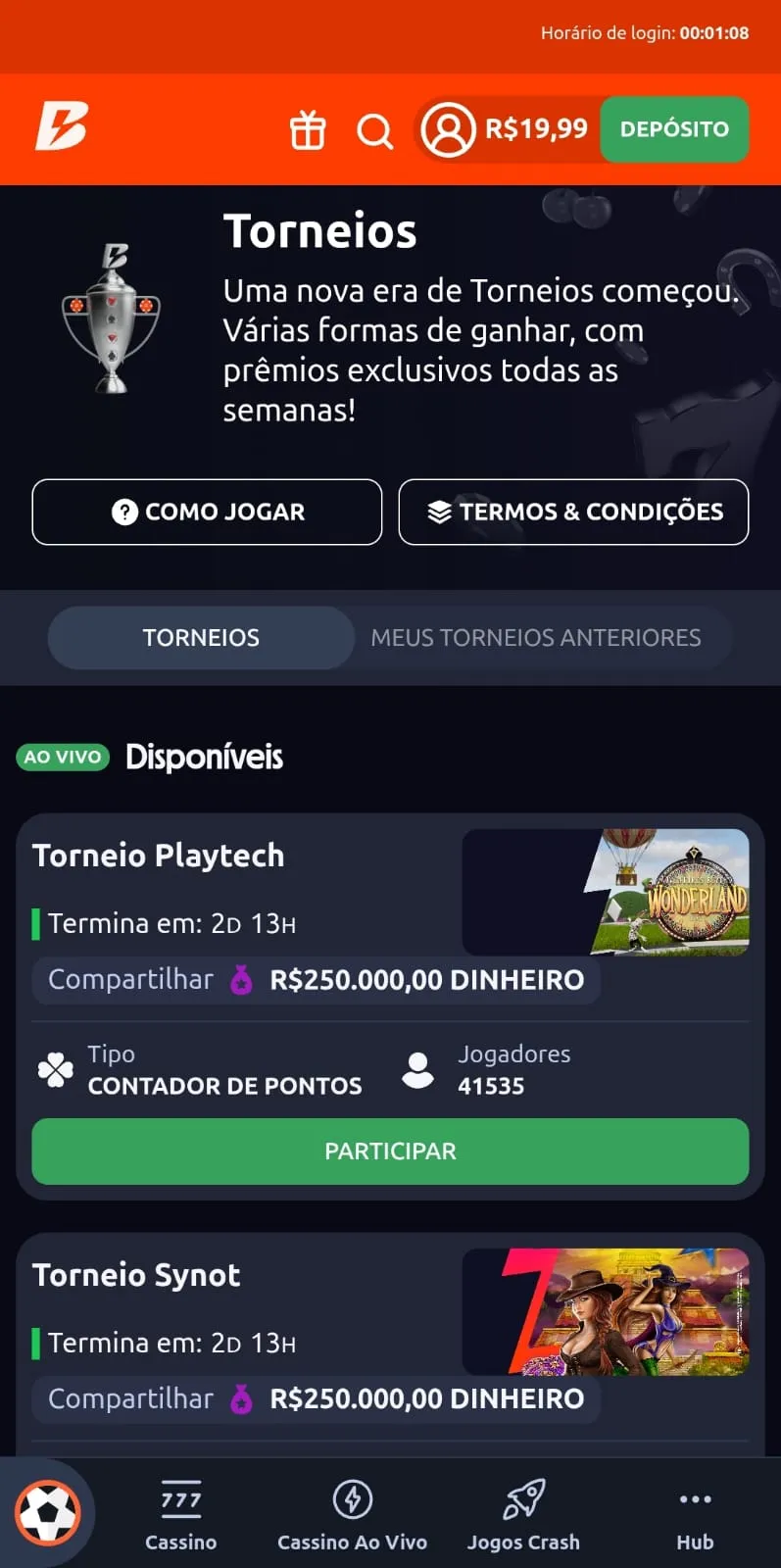 Página de torneios da Betano, exibindo as competições da Playtech e Synot.