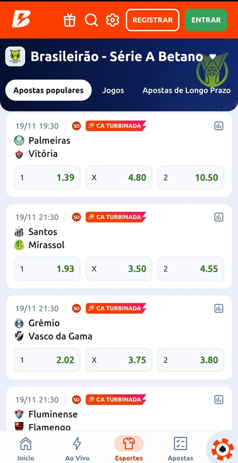 Jogos do Brasileirão na Betano com o ícone de super odds para o mercado resultado final.