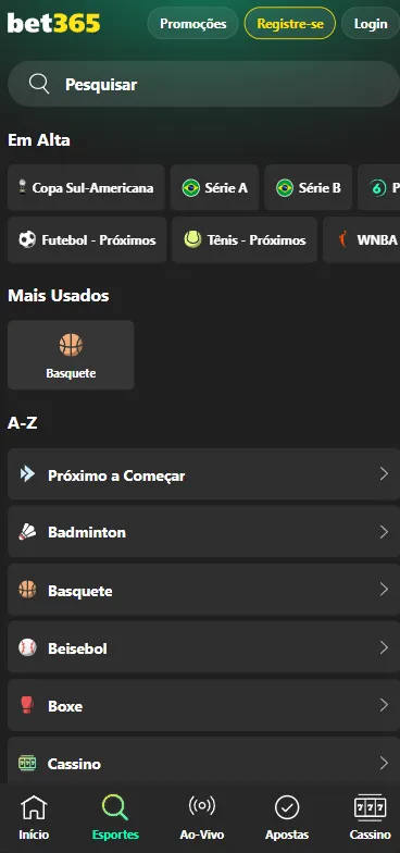 Captura de tela da de competições esportivas da bet365