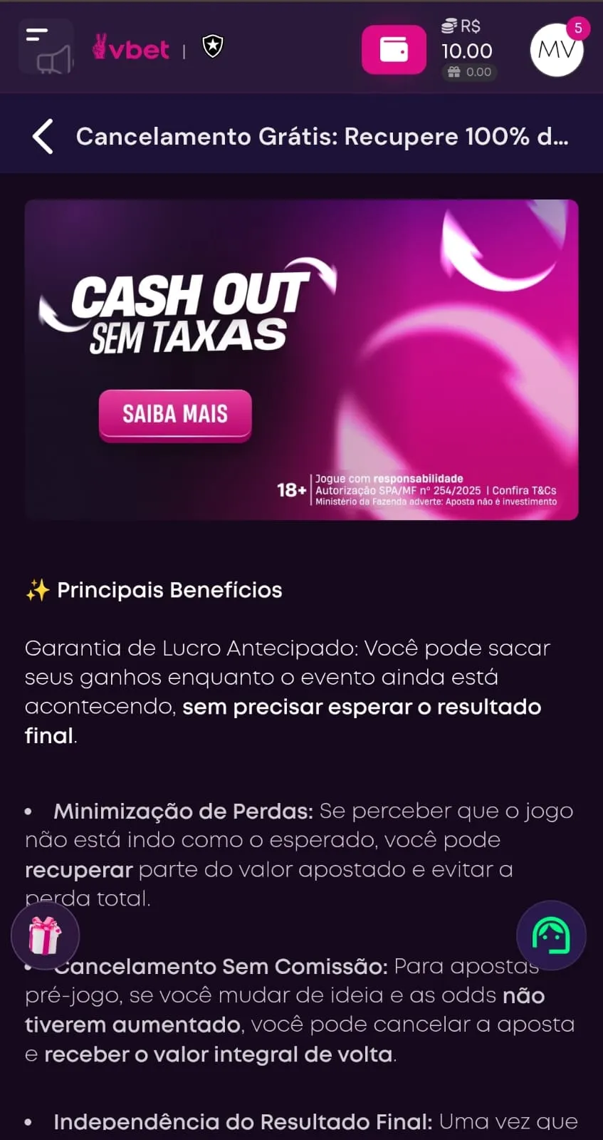 Tela da Vbet com Cash Out sem taxas