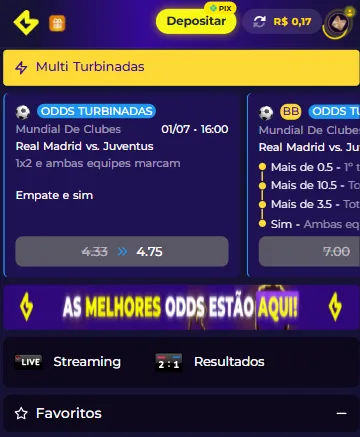 Multi Turbinadas da Multibet no jogo Real Madrid x Juventus para 1x2 e ambas marcam com odds de 4.33 por 4.75.