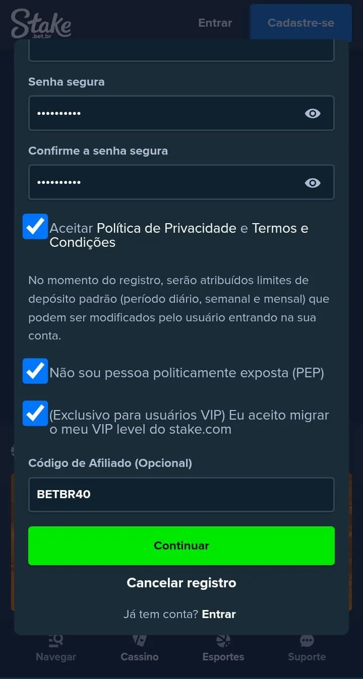 Formulário de registro da Stake, com campos de senha e código de afiliado preenchido com BETBR40