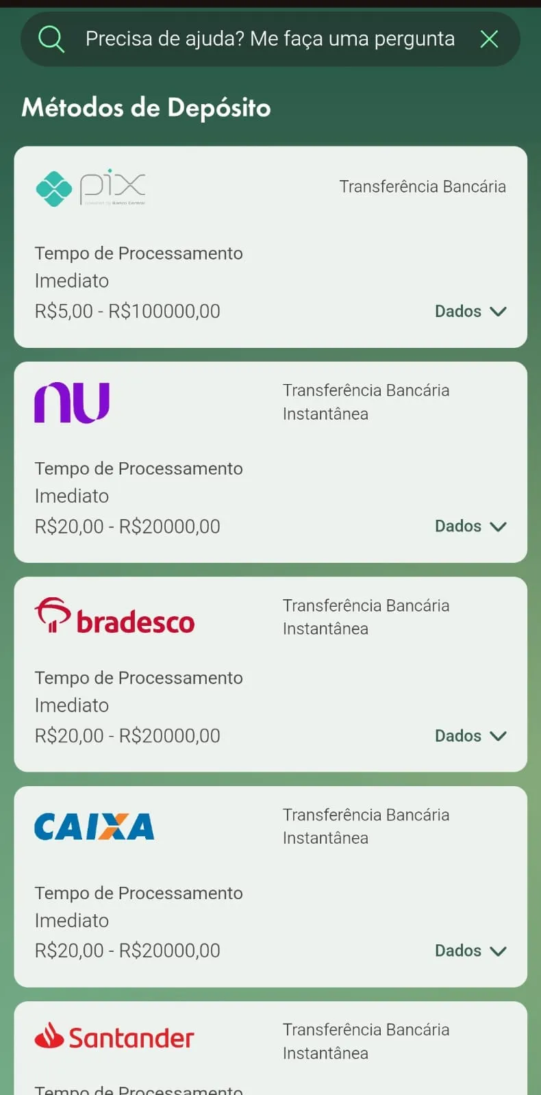 Opções de depósito da bet365 com tempo de processamento e limites de processamento.